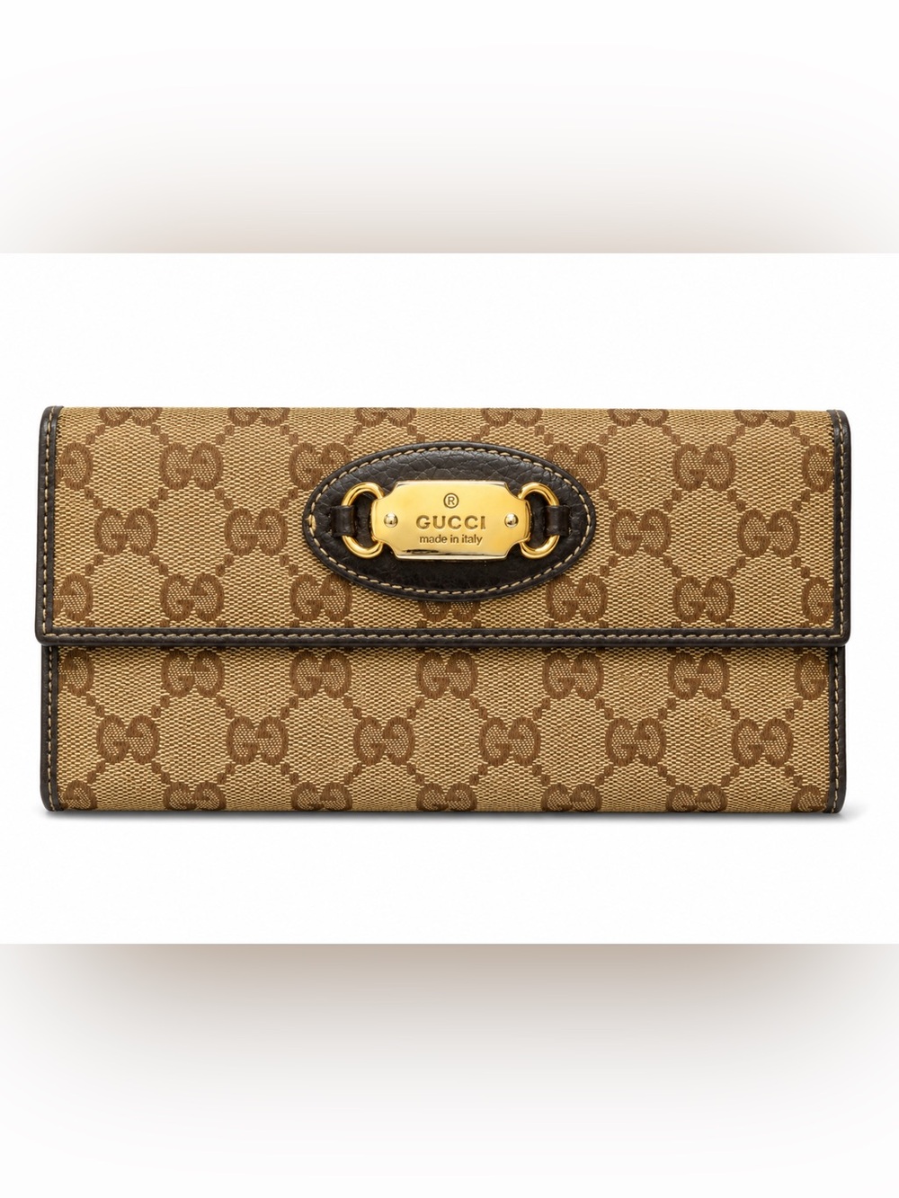 Gucci Brown & Beige GG Canvas Continental Wallet with Gold Plaque